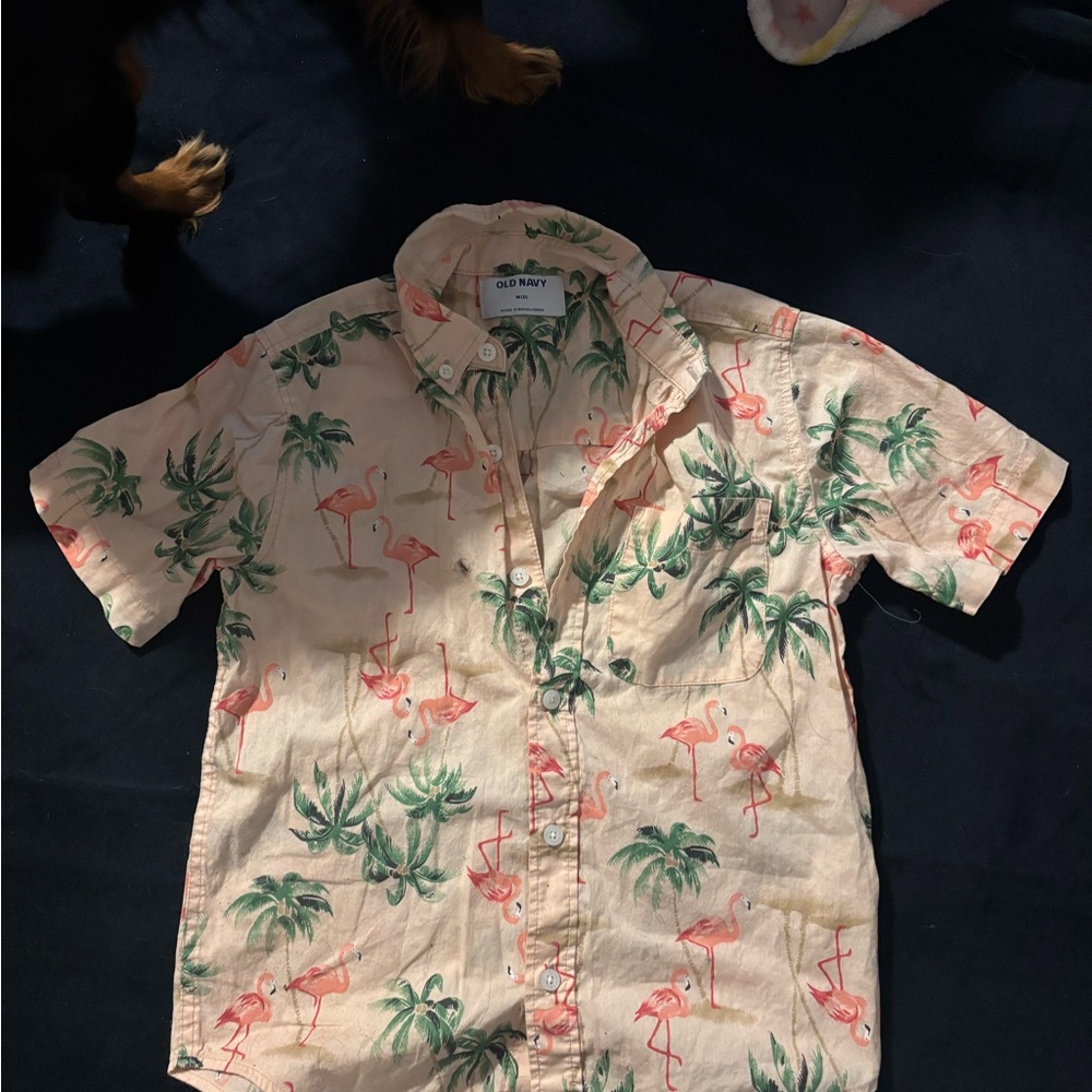 Old Navy Kids Flamingo Print Button Down Shirt - Cream and Green